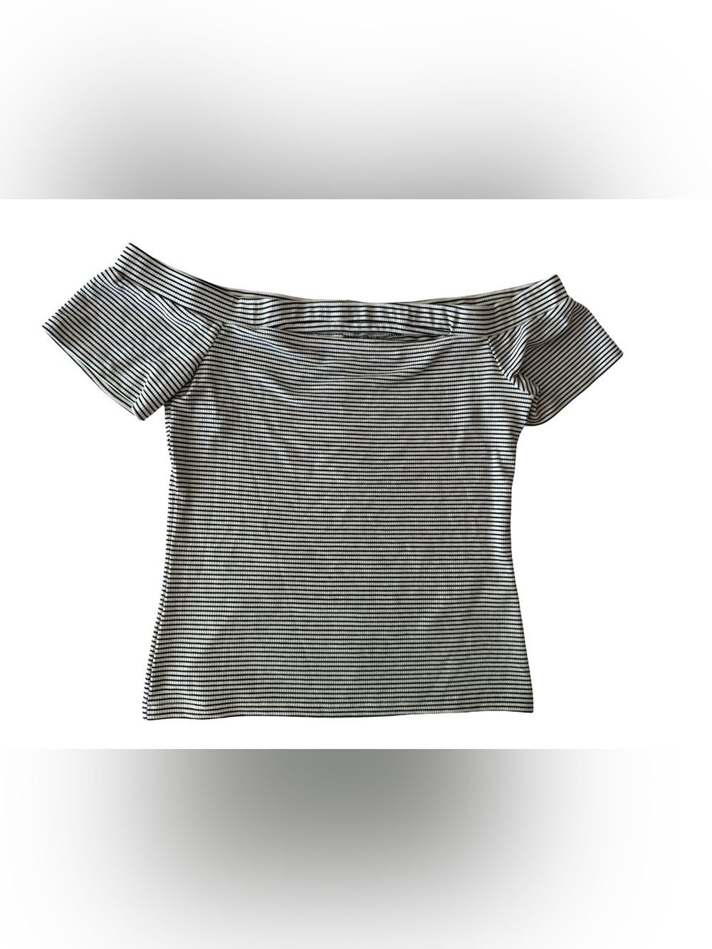 G by Guess Brooke Off Shoulder Ribbed Stripe Top Black White Size Large NWT